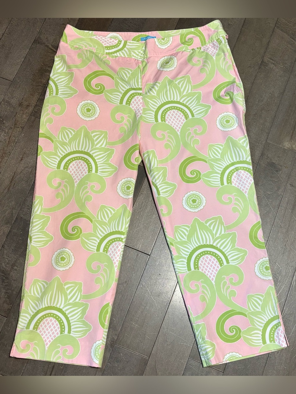J McLaughlin Capri Pants Womens 12 Pink Lime Green Damask Floral Stretch Cotton